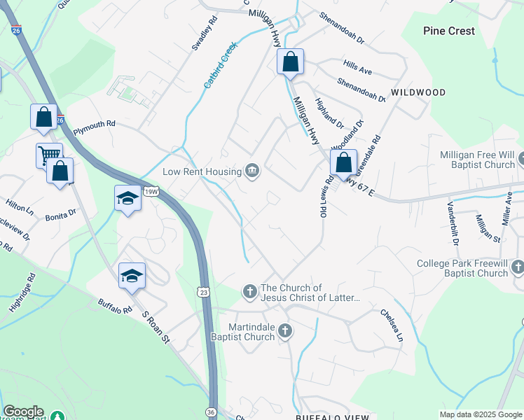 map of restaurants, bars, coffee shops, grocery stores, and more near Pilgrim Court in Johnson City