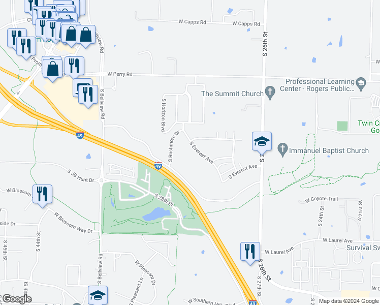 map of restaurants, bars, coffee shops, grocery stores, and more near 2618 South Everest Avenue in Rogers