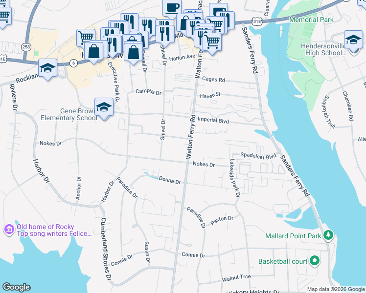 map of restaurants, bars, coffee shops, grocery stores, and more near 95 Plumlee Drive in Hendersonville