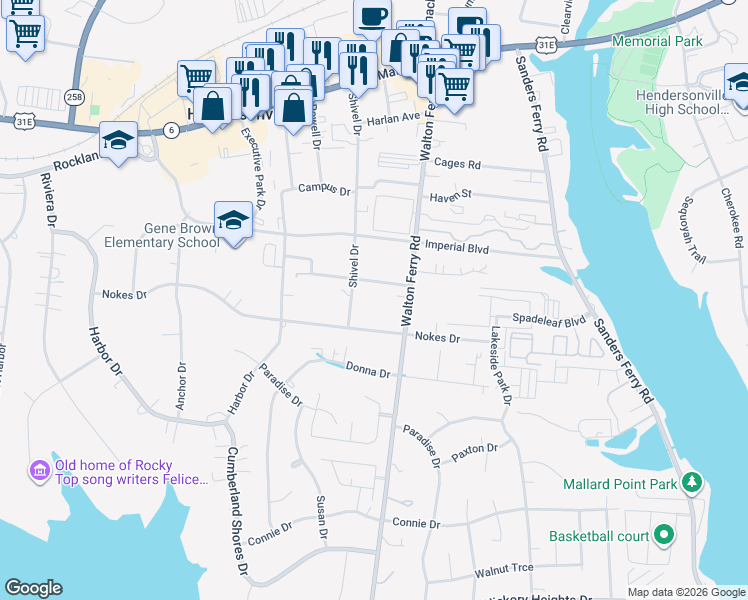 map of restaurants, bars, coffee shops, grocery stores, and more near 95 Plumlee Drive in Hendersonville
