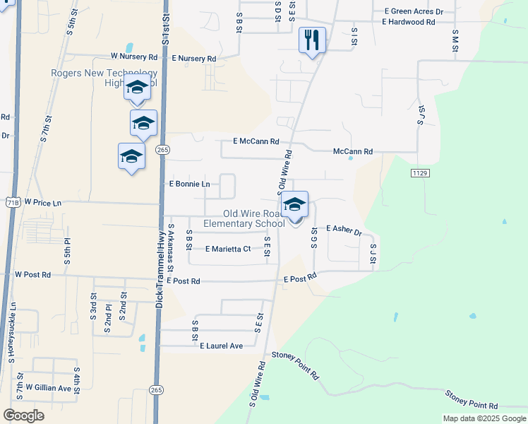 map of restaurants, bars, coffee shops, grocery stores, and more near 427 East Laura Street in Rogers