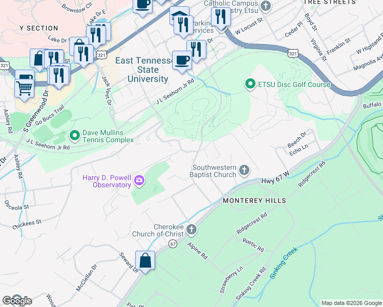 map of restaurants, bars, coffee shops, grocery stores, and more near 1302 College Heights Road in Johnson City