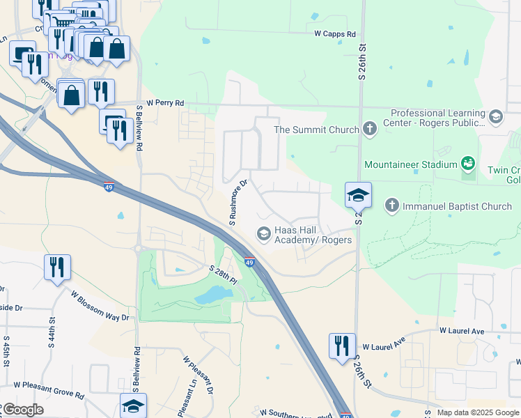 map of restaurants, bars, coffee shops, grocery stores, and more near 2626 South Everest Avenue in Rogers