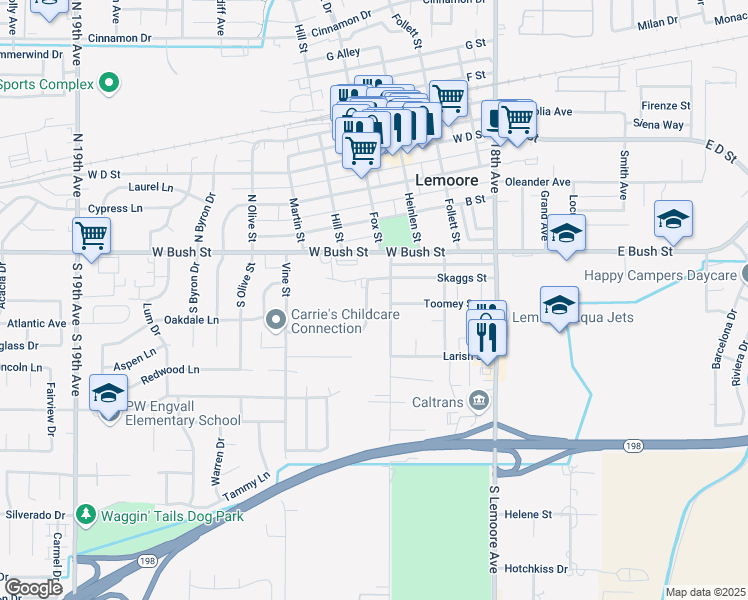 map of restaurants, bars, coffee shops, grocery stores, and more near 121 Champion Street in Lemoore