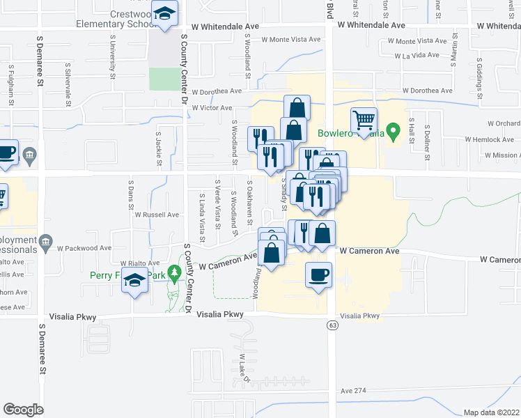 map of restaurants, bars, coffee shops, grocery stores, and more near 2408 West Packwood Drive in Visalia