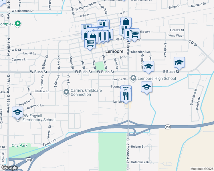 map of restaurants, bars, coffee shops, grocery stores, and more near 274 Toomey Street in Lemoore