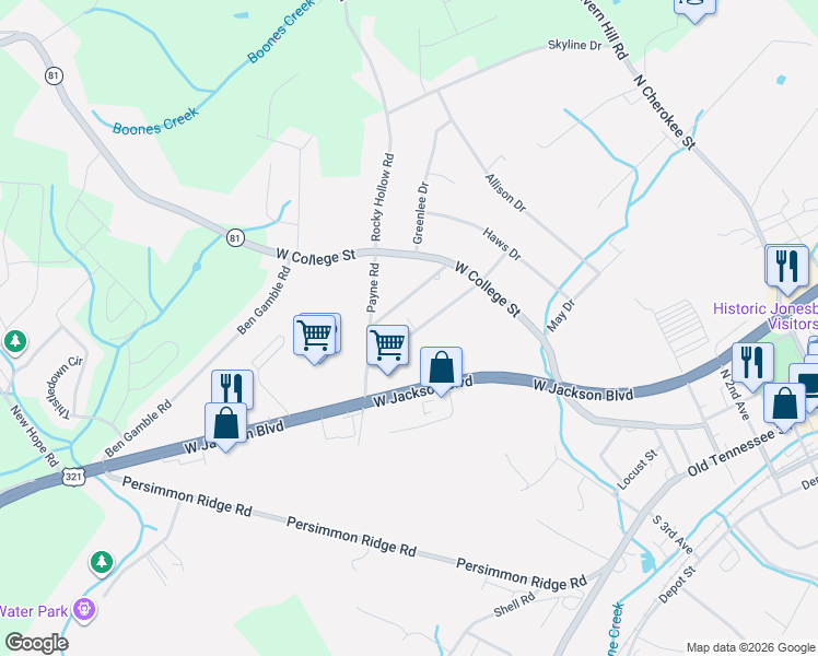 map of restaurants, bars, coffee shops, grocery stores, and more near 1116 Miller Drive in Jonesborough