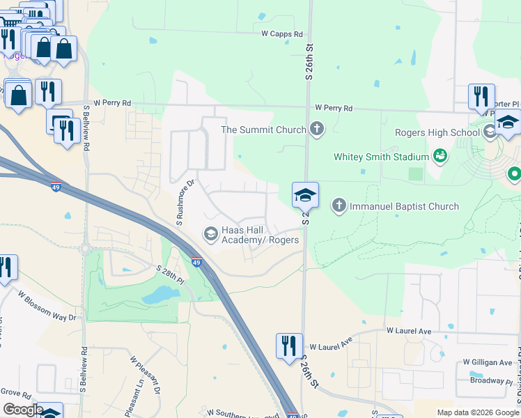 map of restaurants, bars, coffee shops, grocery stores, and more near 2702 West Kilimanjaro Way in Rogers