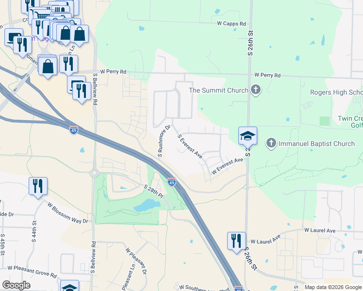 map of restaurants, bars, coffee shops, grocery stores, and more near 2614 South Everest Avenue in Rogers
