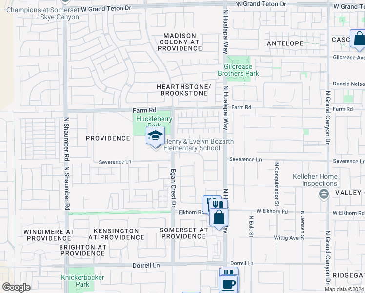 map of restaurants, bars, coffee shops, grocery stores, and more near 7422 Olmstead Street in Las Vegas
