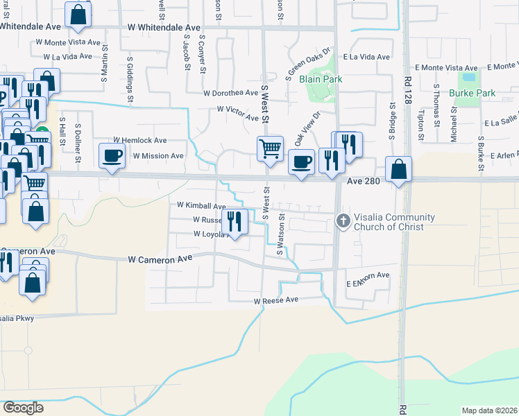 map of restaurants, bars, coffee shops, grocery stores, and more near 3800 South West Street in Visalia