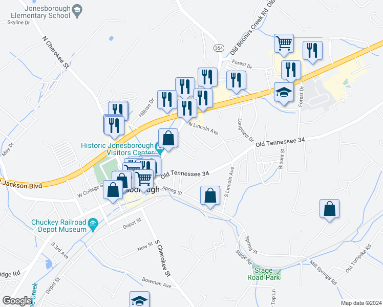 map of restaurants, bars, coffee shops, grocery stores, and more near 204 Correll Lane in Jonesborough
