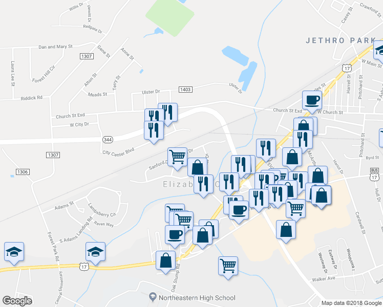 map of restaurants, bars, coffee shops, grocery stores, and more near 1711 Lexington Drive in Elizabeth City