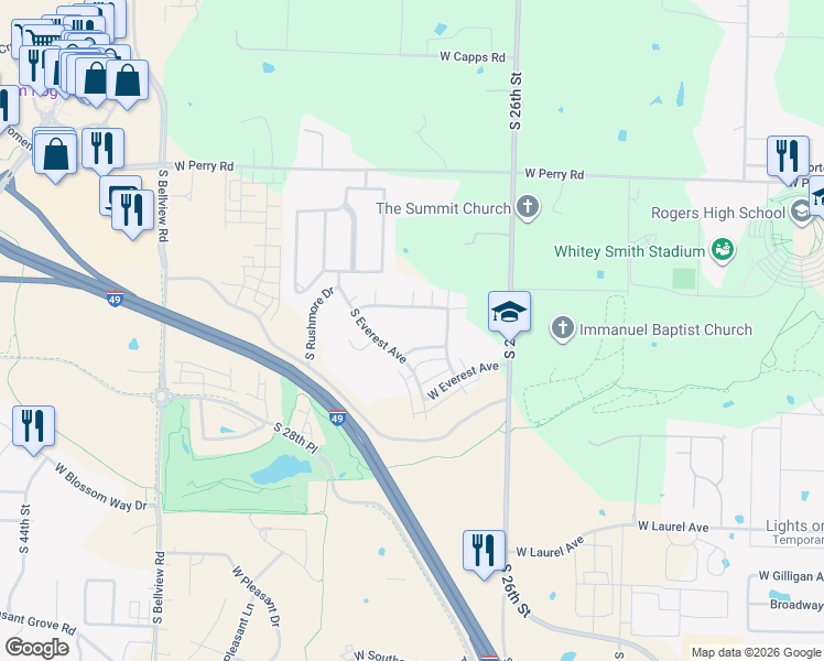 map of restaurants, bars, coffee shops, grocery stores, and more near 2754 West Kilimanjaro Way in Rogers