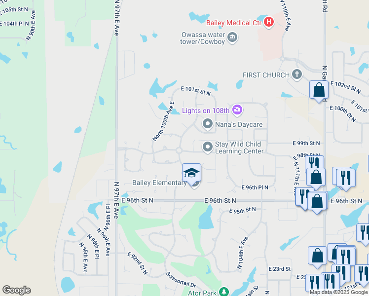 map of restaurants, bars, coffee shops, grocery stores, and more near 9801 North 102nd East Avenue in Owasso