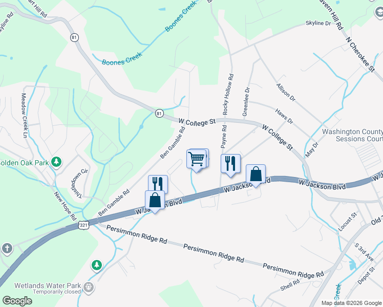 map of restaurants, bars, coffee shops, grocery stores, and more near 1317 West College Street in Jonesborough