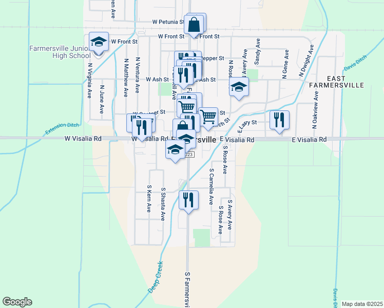 map of restaurants, bars, coffee shops, grocery stores, and more near in Farmersville