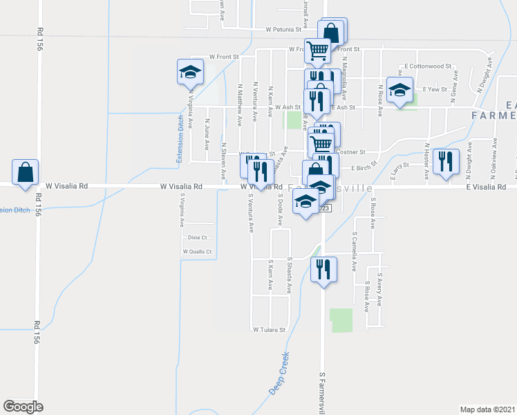 map of restaurants, bars, coffee shops, grocery stores, and more near 244 South Ventura Avenue in Farmersville