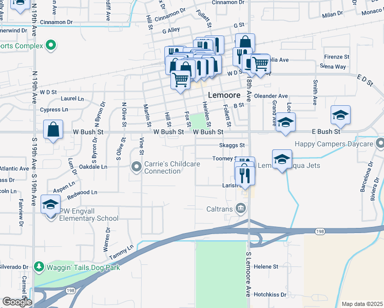 map of restaurants, bars, coffee shops, grocery stores, and more near 121 Champion Street in Lemoore
