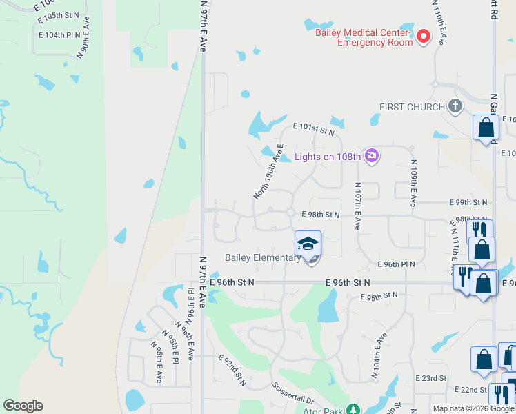 map of restaurants, bars, coffee shops, grocery stores, and more near 9806 North 100th East Avenue in Owasso