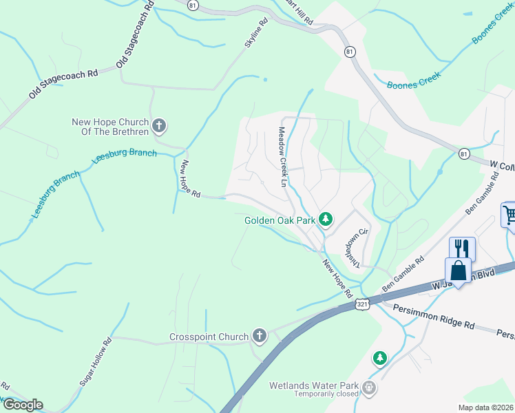 map of restaurants, bars, coffee shops, grocery stores, and more near 219 New Hope Road in Jonesborough
