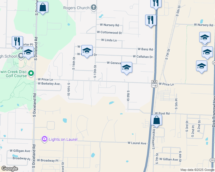 map of restaurants, bars, coffee shops, grocery stores, and more near 1115 Berkeley Avenue in Rogers