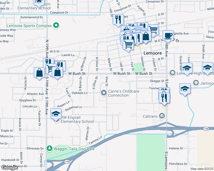 map of restaurants, bars, coffee shops, grocery stores, and more near 100 Vine Street in Lemoore