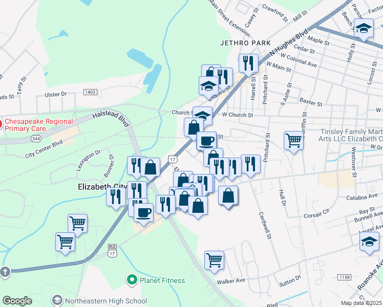 map of restaurants, bars, coffee shops, grocery stores, and more near 425 Sam Davis Street in Elizabeth City