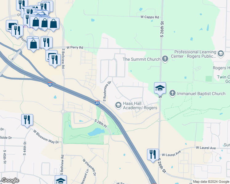 map of restaurants, bars, coffee shops, grocery stores, and more near 2608 South Everest Avenue in Rogers