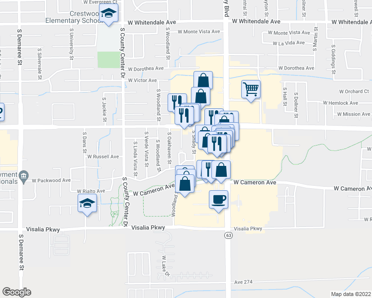 map of restaurants, bars, coffee shops, grocery stores, and more near 2346 West Packwood Drive in Visalia