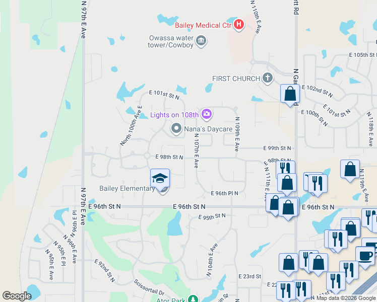map of restaurants, bars, coffee shops, grocery stores, and more near 9811 North 105th East Avenue in Owasso