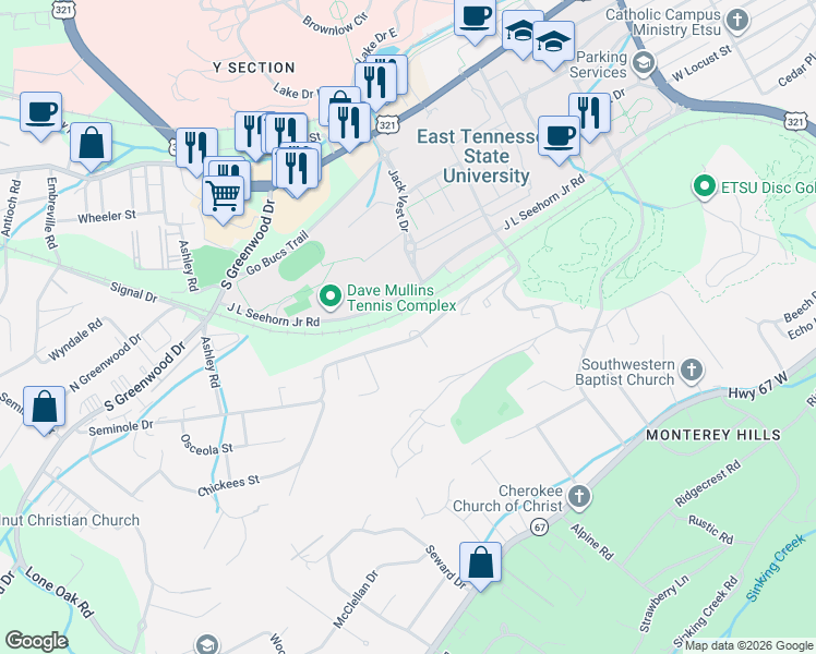 map of restaurants, bars, coffee shops, grocery stores, and more near 1216 Seminole Drive in Johnson City