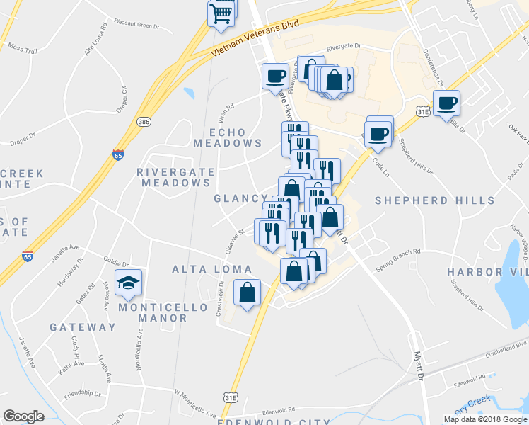 map of restaurants, bars, coffee shops, grocery stores, and more near 159 Gleaves Street in Goodlettsville