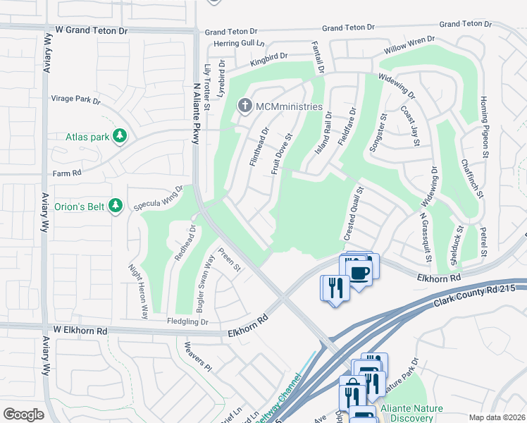 map of restaurants, bars, coffee shops, grocery stores, and more near 3240 Flyway Court in North Las Vegas