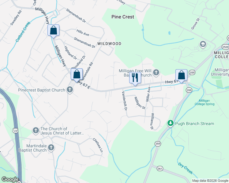 map of restaurants, bars, coffee shops, grocery stores, and more near 1406 Milligan Highway in Johnson City