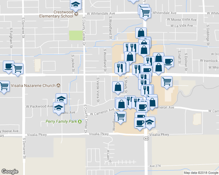 map of restaurants, bars, coffee shops, grocery stores, and more near 3733 South Oakhaven Street in Visalia