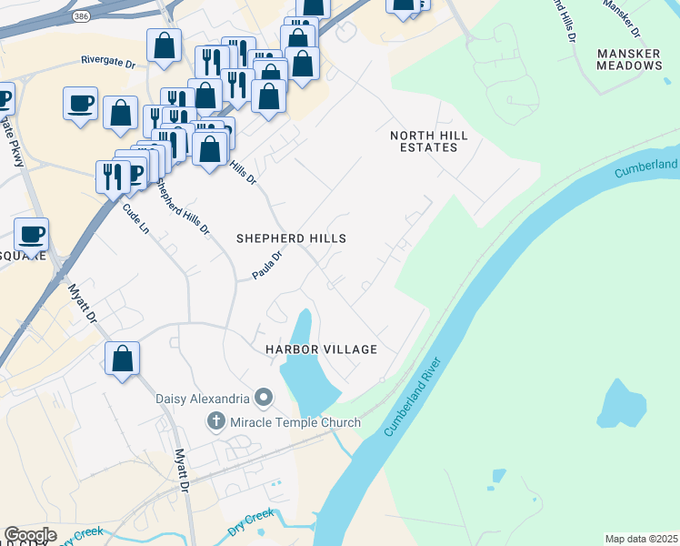 map of restaurants, bars, coffee shops, grocery stores, and more near 213 Twin Hills Drive in Nashville