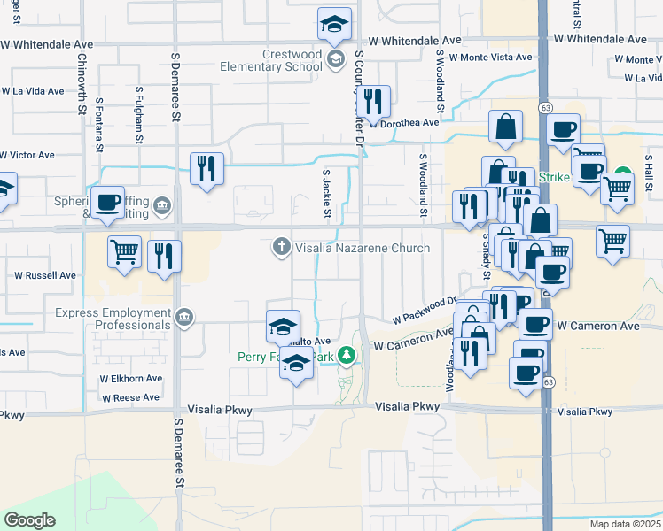map of restaurants, bars, coffee shops, grocery stores, and more near 3731 South Mountain Court in Visalia