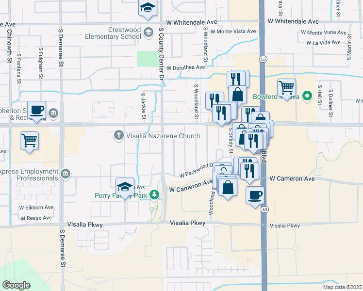 map of restaurants, bars, coffee shops, grocery stores, and more near 3735 South Verde Vista Street in Visalia