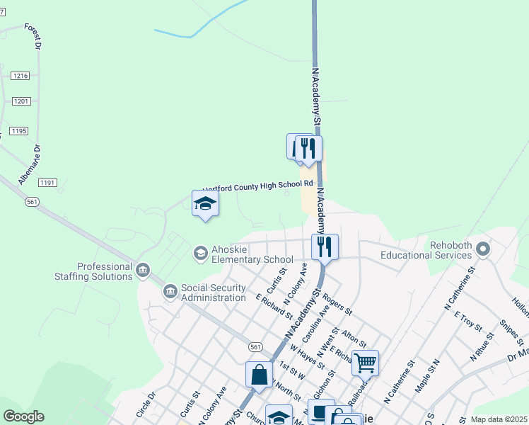 map of restaurants, bars, coffee shops, grocery stores, and more near 111 Hertford County High School Road in Ahoskie