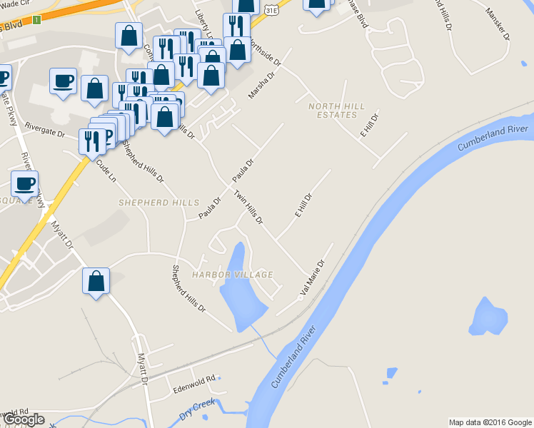 map of restaurants, bars, coffee shops, grocery stores, and more near 213 Twin Hills Drive in Nashville