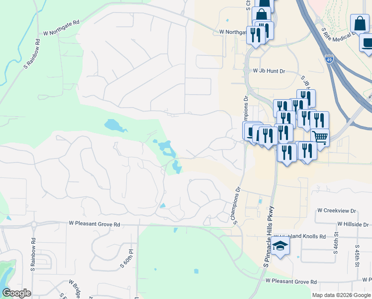 map of restaurants, bars, coffee shops, grocery stores, and more near 1 South Samoset Court in Rogers