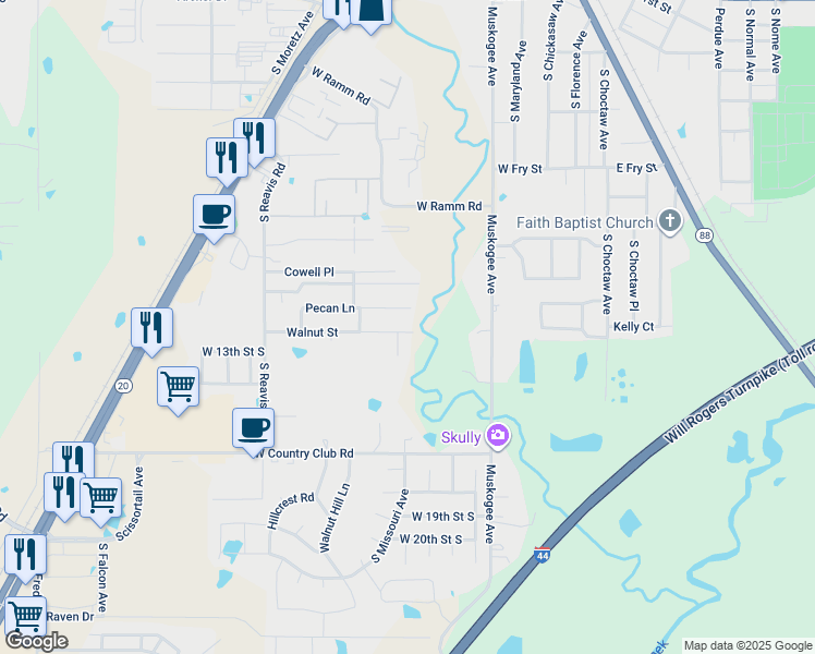 map of restaurants, bars, coffee shops, grocery stores, and more near 902 Walnut Street in Claremore