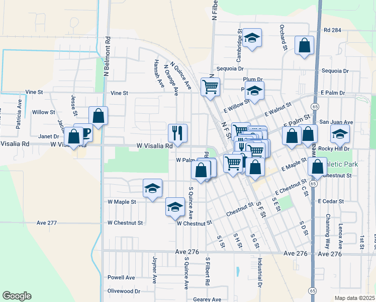 map of restaurants, bars, coffee shops, grocery stores, and more near 400 West Visalia Road in Exeter