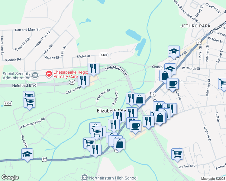 map of restaurants, bars, coffee shops, grocery stores, and more near 401 Bonner Drive in Elizabeth City