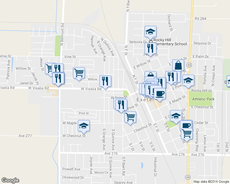map of restaurants, bars, coffee shops, grocery stores, and more near 241 North Quince Avenue in Exeter