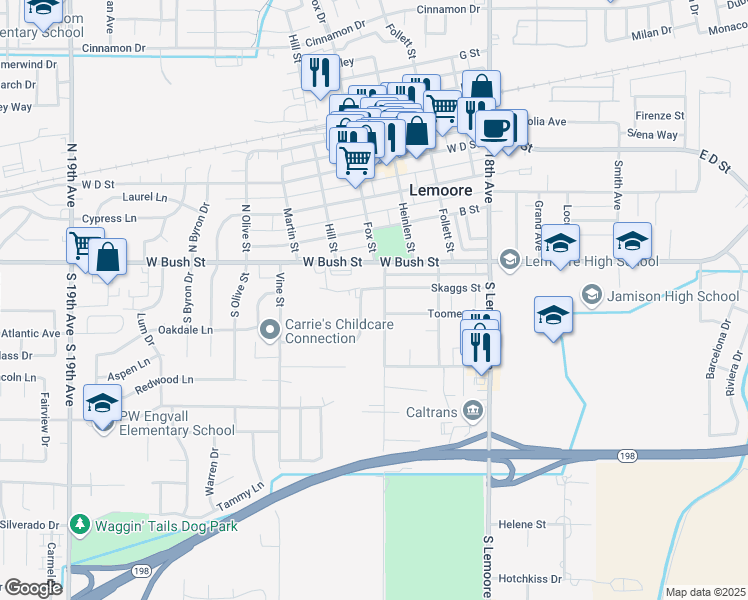 map of restaurants, bars, coffee shops, grocery stores, and more near 121 Champion St in Lemoore