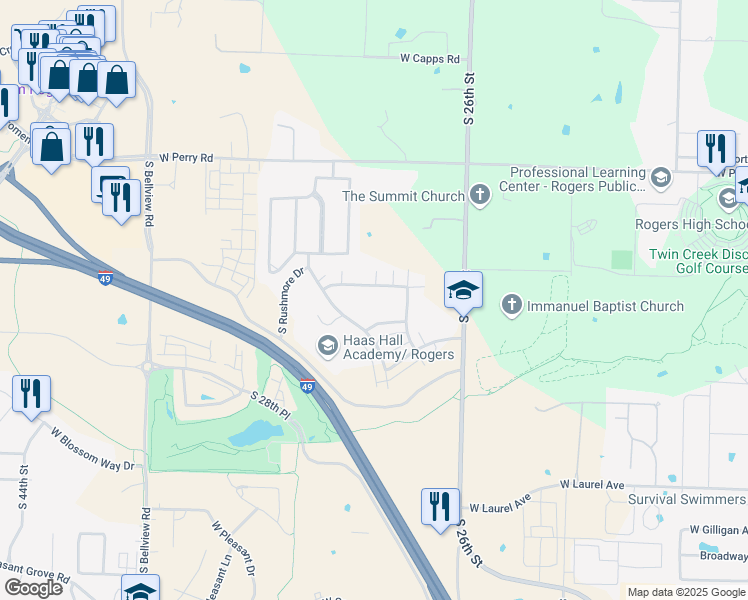 map of restaurants, bars, coffee shops, grocery stores, and more near 2736 West Kilimanjaro Way in Rogers
