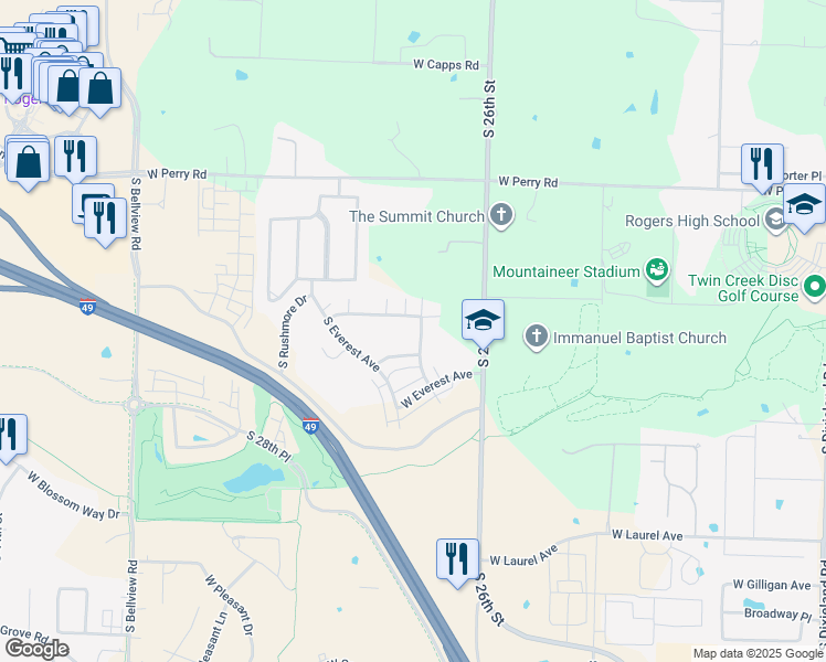 map of restaurants, bars, coffee shops, grocery stores, and more near 2702 West Kilimanjaro Way in Rogers