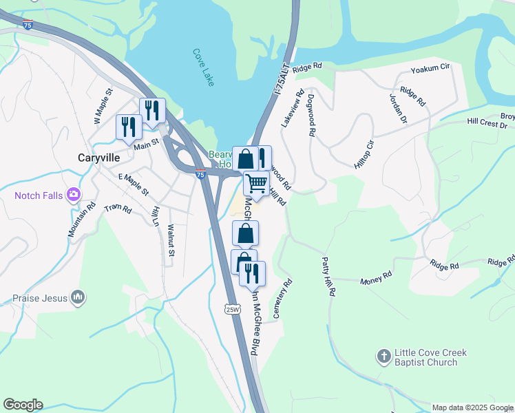 map of restaurants, bars, coffee shops, grocery stores, and more near 161 John McGhee Boulevard in Caryville